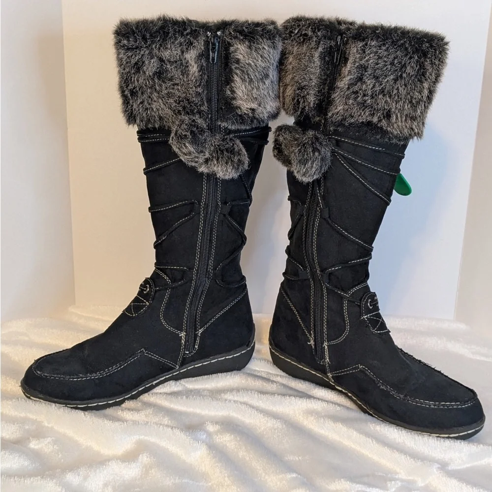 Cozy & Warm Black Faux Fur Topper Full Zipper With Pom Pom Laces Size 8 - Picture 4 of 7